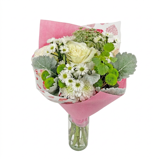 White and green Love Pop Farm bouquet in pink wrapping, full view on white background