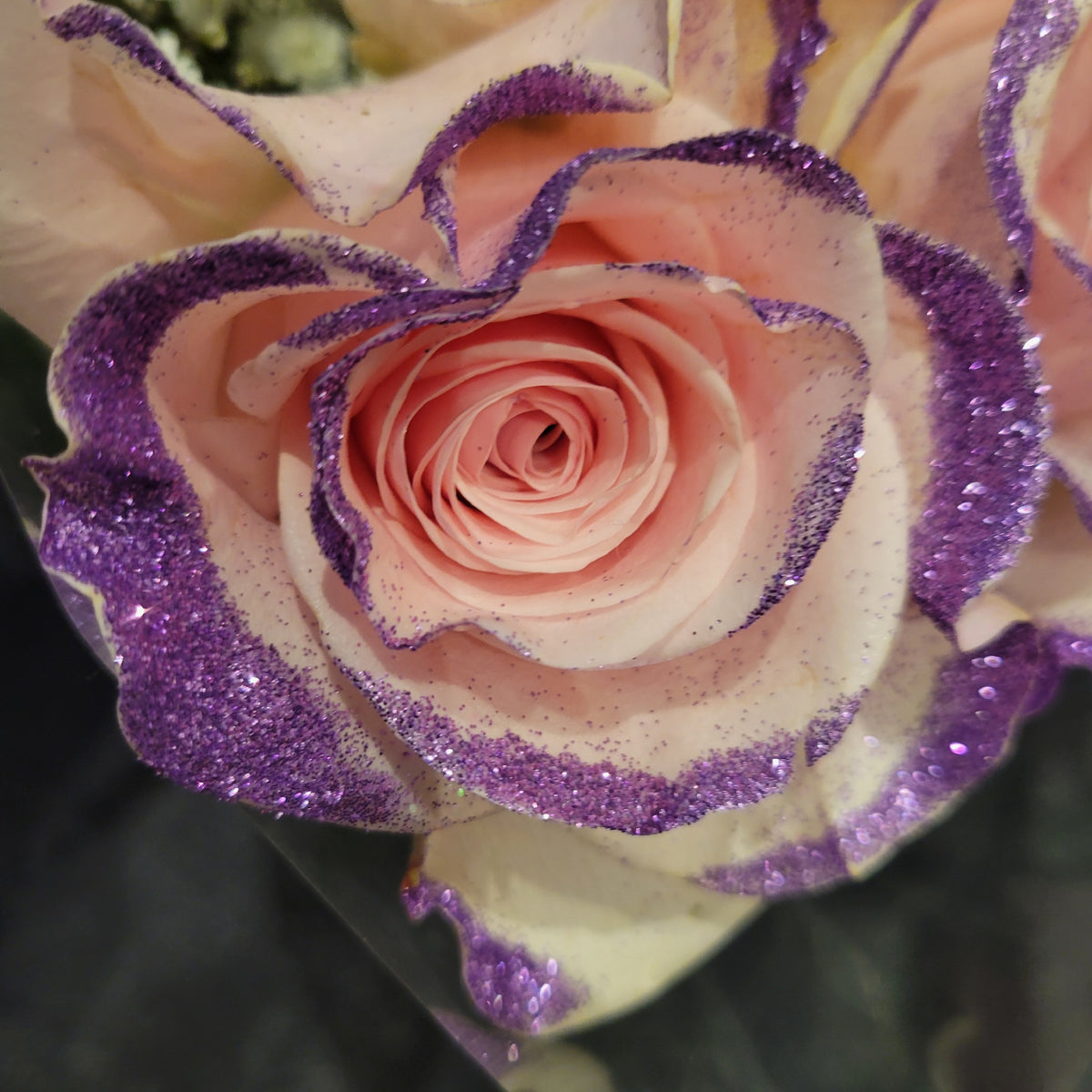 Light Pink Rose Bouquet with Purple Glitter - 12 Stem Rose Bouquets ...
