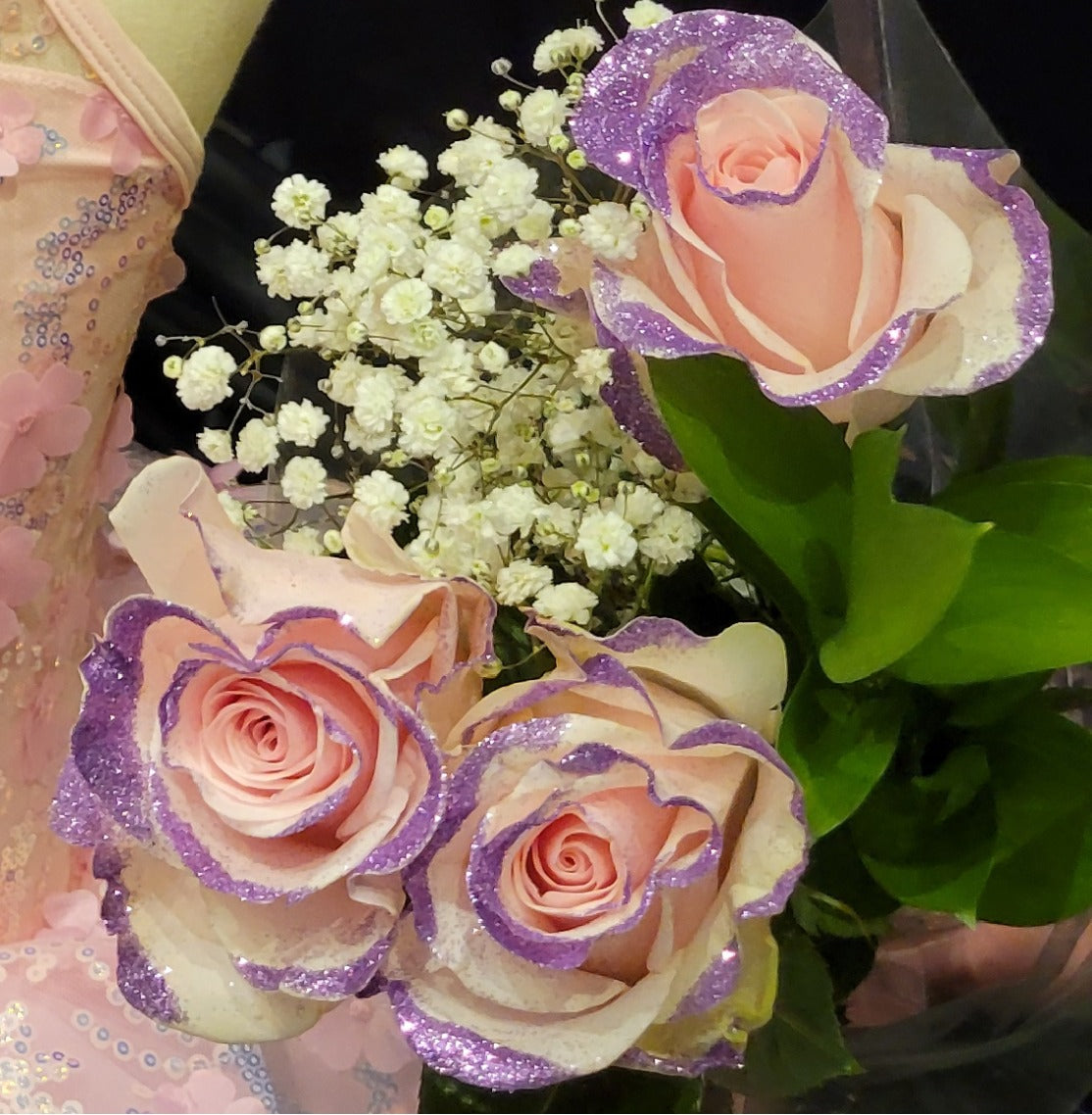 Light Pink Rose Bouquet with Purple Glitter 3-Stem