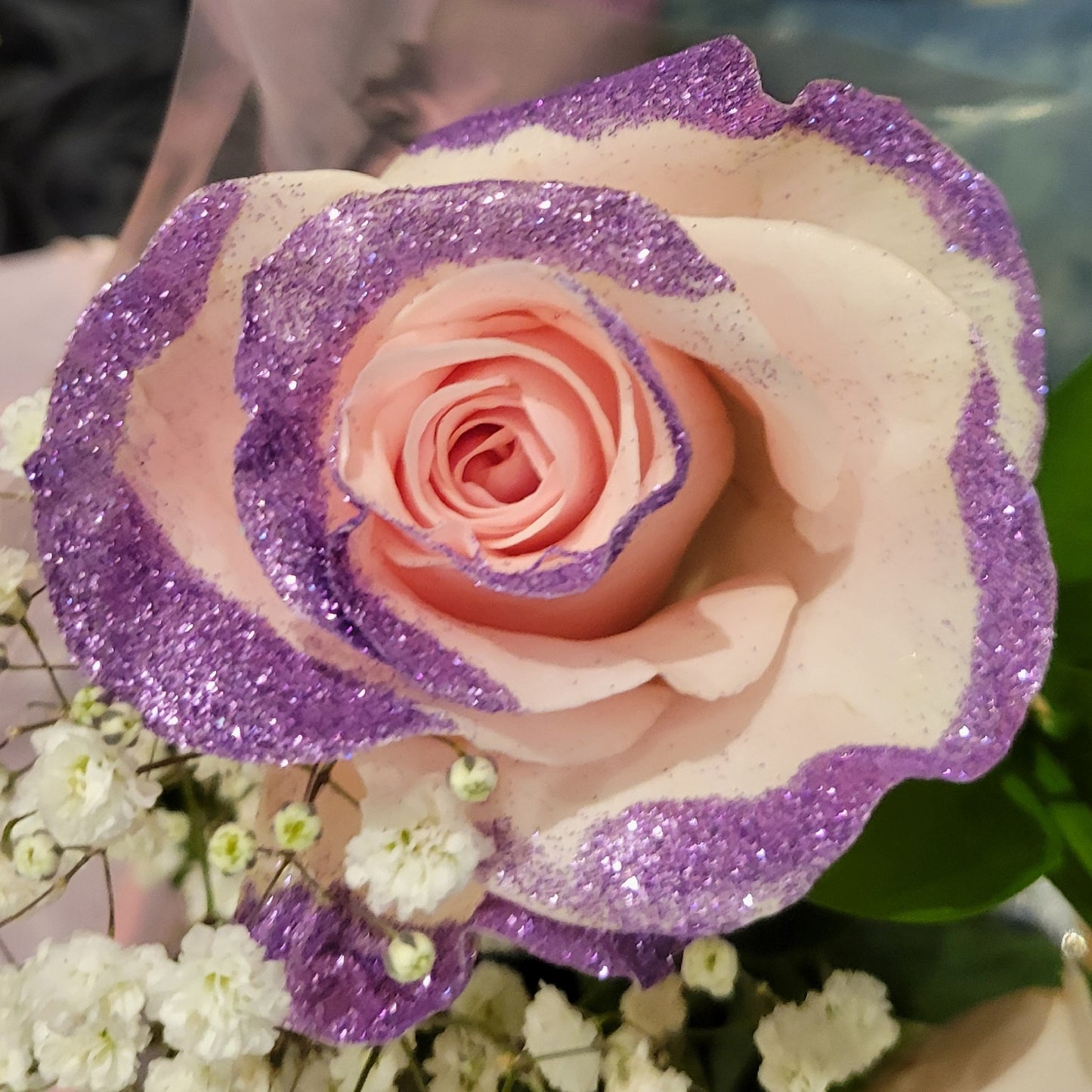 Light Pink Rose Bouquet with Purple Glitter 3-Stem