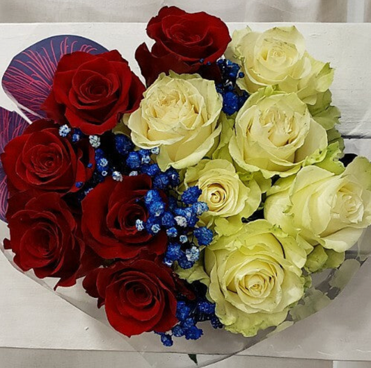 Patriotic Red and White Roses with Blue Baby's Breath Bouquet-6 Stems