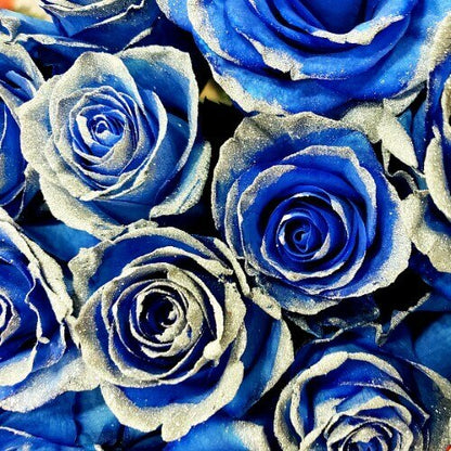White Roses Tinted Blue with Silver Glitter