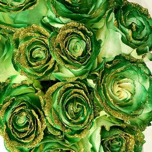 White Rose Bouquet with Dark Green Paint and Gold Glitter 6-Stem