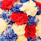 red white and blue colored carnations
