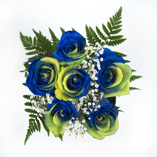 Yellow, Green and Blue dyed roses 6-stem - 16 Bqts