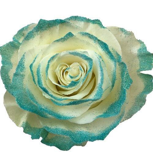 White Roses with Teal Blue Glitter - Bulk