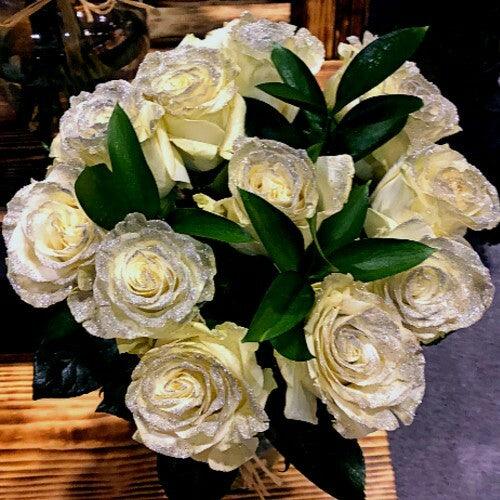 White Roses with Silver Glitter - Bulk