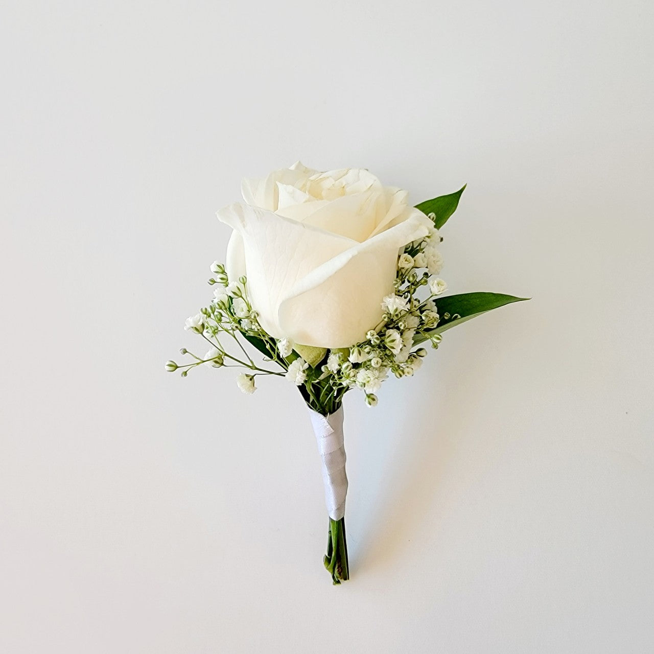 White Rose with Babies Breath Boutonnière
